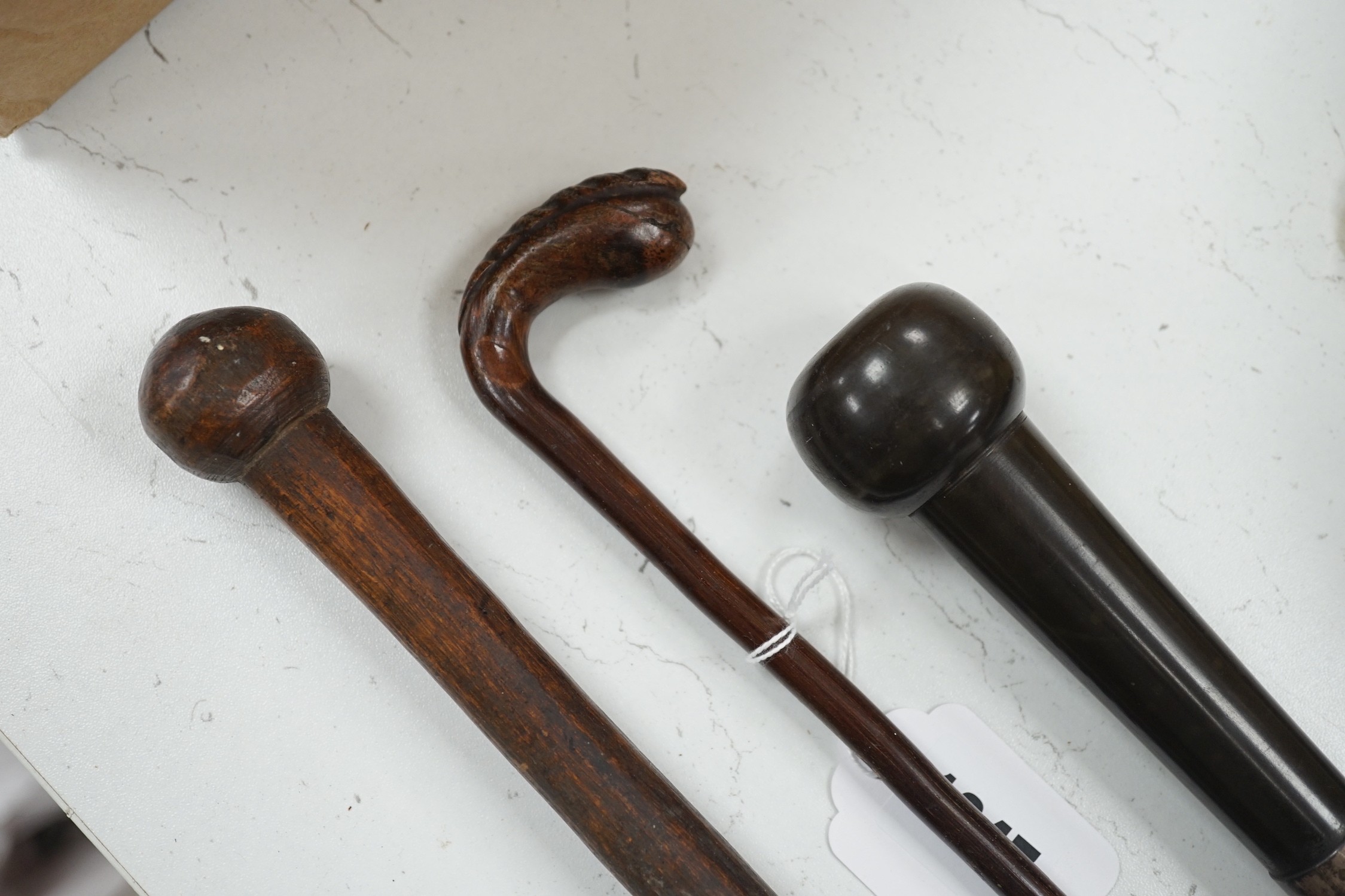 A bull's pizzle walking stick and two other carved wood sticks, largest 93cm